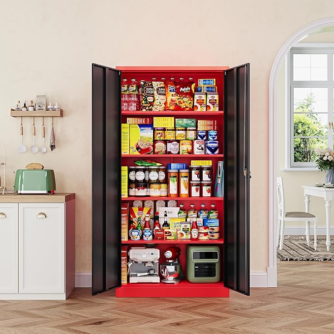 Letaya Metal Storage Cabinets with Lock, 71" Tall Locker Organizer Steel Cabinets, Adjustable Shelves 2 Doors for Home, Office, Warehouse,Garage,Industrial,Employee Lockers (Style B, Black Red)