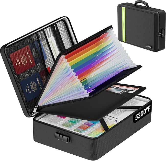 JHSafer Fireproof Document Bag with Lock for Letter/A4 Files, Soft | 5200℉ Fireproof Important Document Organizer with 13 Colorful Pockets, Portable Safe Storage for Home Travel Office
