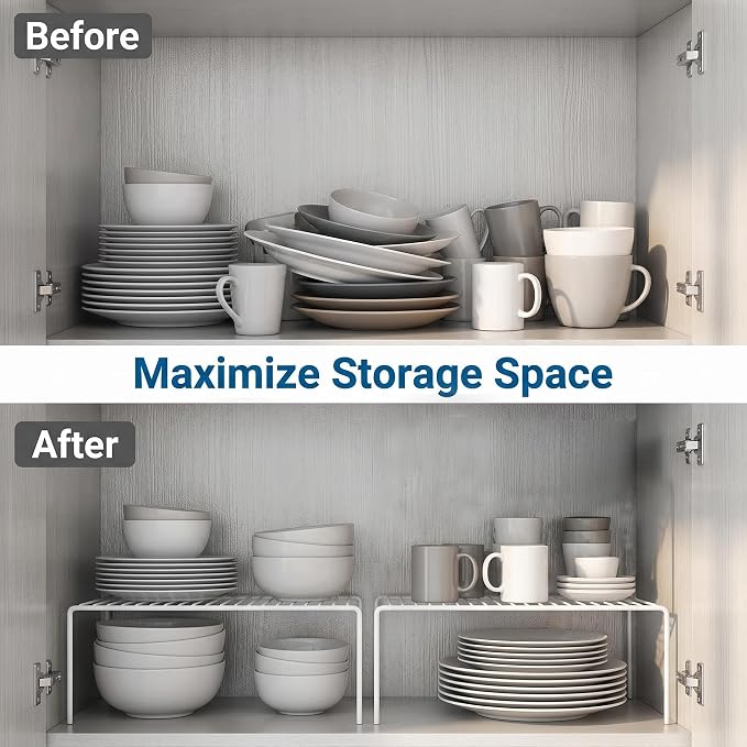 iPEGTOP Set of 4 Kitchen Cabinet Shelf Organizer, Medium (13 x 9.4 Inch) Bathroom Cabinet Organization Wire Shelf Rack, Rustproof Storage Space Saver Shelves for Countertops Pantries Utensils -White