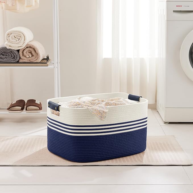 60L Woven Laundry Basket Hamper with Leather Handles,Navy | 21"x15"x11", collapsible wicker hamper, storage for dirty clothes, toys, blankets, gifts, living room, bedroom, bathroom