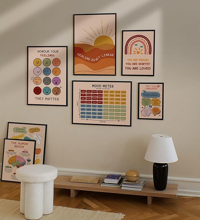 LOLUIS Mental Health Poster, Boho Therapy Tools Educational Supplies Art Print Classroom School Office Decor (Healing Is Not Linear, Custom Frame Type)