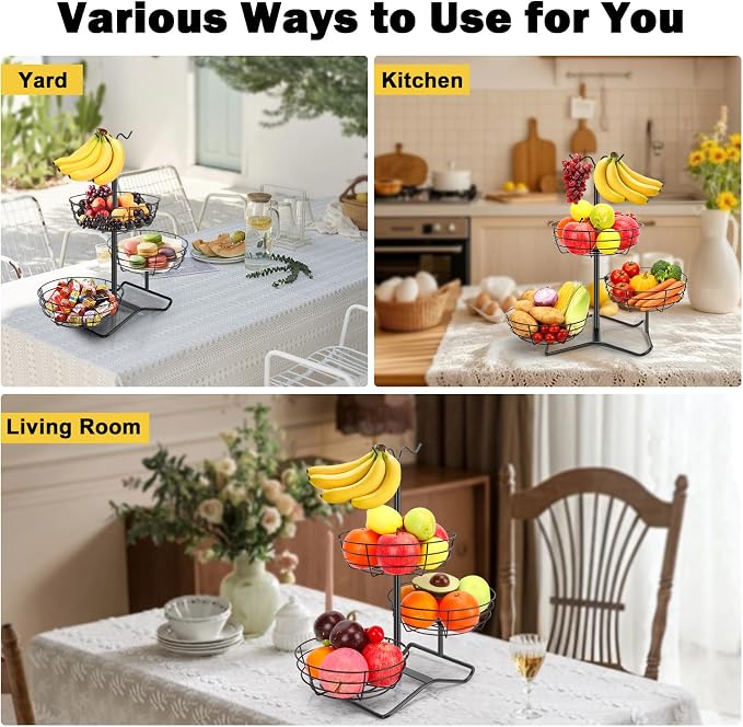 3 Tier Fruit Basket Bowl with 2 Banana Hooks, Solid Metal Standing Vegetable Storage for Kitchen Counter, Large Capacity Organizer for Bread Snack Produce (Black)