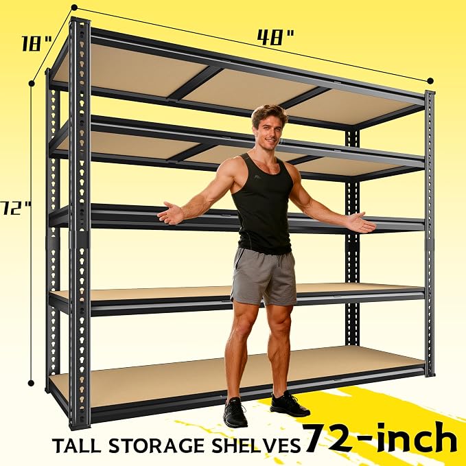 48" W Garage Shelving Heavy Duty 2800LBS Garage Storage Shelves, 5 Tier Adjustable Metal Shelving Unit Utility Rack Shelf for Warehouse, Pantry, Closet, Kitchen Industrial72" H x 48" W x 18" D, Black