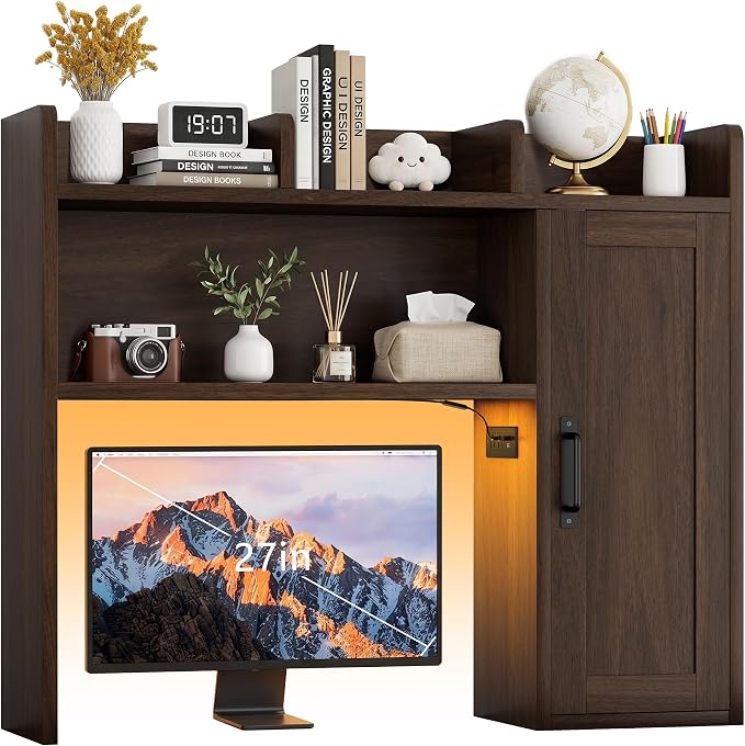 Desktop Bookshelf, Desk Hutch with RGB LED Lights & Power Outlets 37" Desk Hutch Organizer with Storage Cabinet Desktop Storage Shelf for 27" Monitor, Tabletop Bookcase for Dorm Office Home