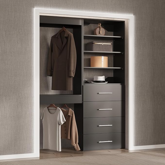 Modular Closet, 40" Wide Wardrobe Organizer with Tower and Drawers, Wood, Wall Mounted, Bedroom, Black