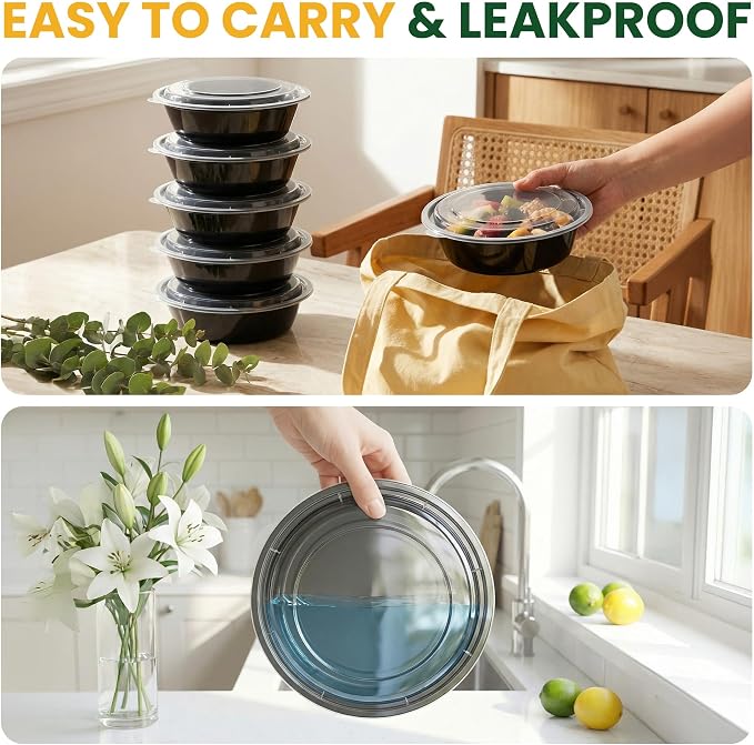 24oz Round 50-Pack Meal Prep Containers Reusable with Lids, To Go Take Out Plastic Food Storage Containers with Lids, Sturdy Leakproof & Food Safe, Microwave Freezer Dishwasher Safe Prep Containers