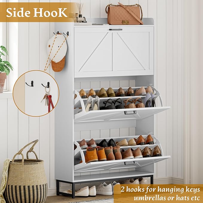 Wodeer Shoe Cabinet Storage for Entryway, Shoe Storage Cabinet with 3 Flip Drawers, Freestanding Narrow Shoe Rack Organizer with Metal Legs & Side Hook for Foyer, Hallway, White