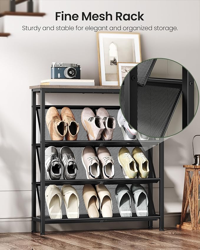 CHOEZON Shoe Rack, 4-Tier Slanted Shoe Storage Shelf, Narrow Shoe Rack for Entryway, Shoe Organizer with Adjustable Feet, Slim Shoe Shelf with Wooden Top and Metal Frame, Greige and Black TXJ75BG