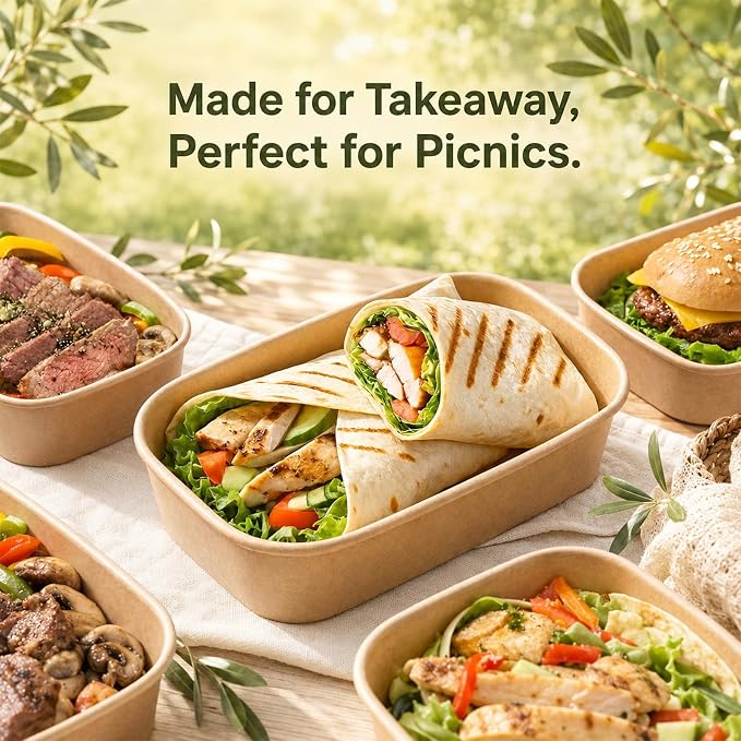 Holotap 50 Pack 25 OZ Disposable Kraft Paper Bowls with Lids【with Spoons and Forks】,Disposable Food Containers, Microwave Safe for Hot Soup, Disposable Meal Prep Containers for Restaurant Supplies