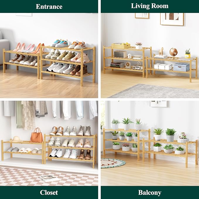 Smiry Bamboo Shoe Rack for Closet, 5 Tier Wooden Shoe Organizer, Stackable Wood Shoe Storage Shelf for Entryway, 14 Vertical Slats, 2+3 Stack Heavy-Duty Legs, 26.77"x11.02"x31.3", Natural