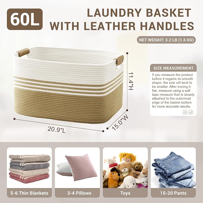 60L Woven Laundry Basket Hamper with Leather Handles,Khaki | 21"x15"x11", collapsible wicker hamper, storage for dirty clothes, toys, blankets, gifts, living room, bedroom, bathroom