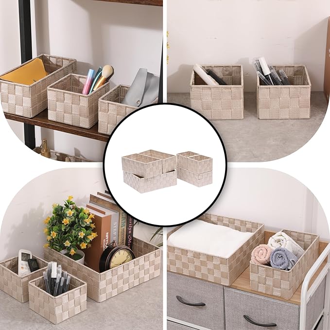 Storage Bins Woven Organizer Set of 6 – Polypropylene Storage Baskets with Metal Frame, Stackable Fabric Boxes for Drawers, Closet, Shelf, Nursery and Office, Beige