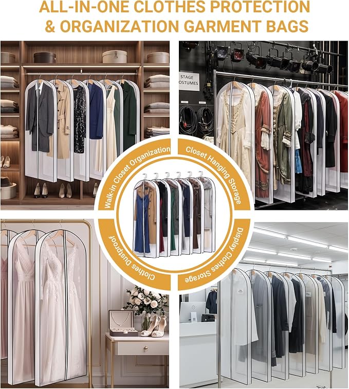 6 Pack 60" Clear Garment Bags for Hanging Clothes,4" Gusseted Suit Bags for Closet Storage Non-woven Back,Long Hanging Clothes Storage Suit Cover Bags with Zipper for Coats,Jackets,Shirts