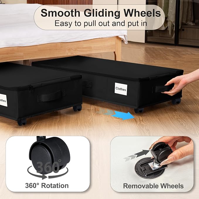 Vincona Under Bed Storage with Wheels, Rolling Under Bed Storage Containers with Label Holders for Clothes, Shoes and Blankets, Underbed Shoe Organizer with Cover, 2 Pack Black (30.71x15.7x7.28 in)