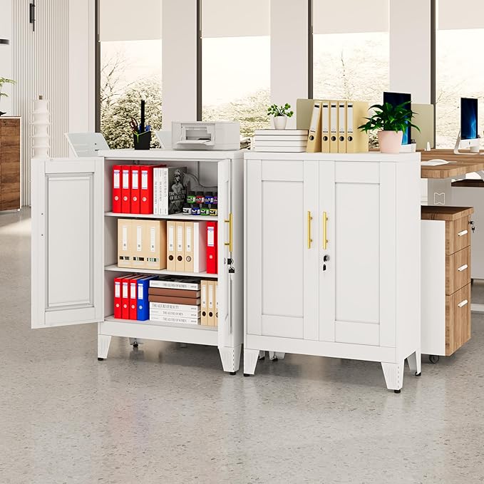 White Metal Storage Cabinet, 36" Tall Locking Storage Cabinet with 2 Adjustable Shelves, Steel Locker Organizer, for Office, Home, School, 11.81" D x 23.62" W x 35.83" H