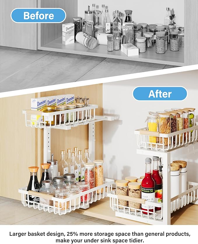 Under Sink Organizer Storage for Families: Pull Out Storage Undersink Organizers Drawer Cabinet - Sliding 2 Tier Rack Metal Organization Under Counter Kitchen Bathroom for Homemakers(White,1 Pack)