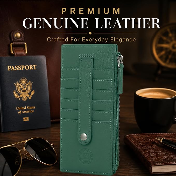 Leatherboss Genuine Leather Women's All in One Credit Business Card Case Holder Slim Zipper Wallet With a Card Protection Strap, Forest Green