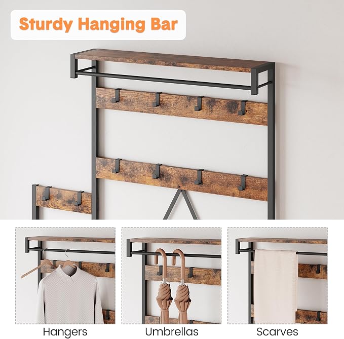 Coat Rack Hall Tree with Shoe Bench and Storage, Large Entryway Organizer with Hooks, Hanging Bar, Shoe Rack, Storage Cubbies, Shelf, Mudroom Bench, Rustic Hallway Furniture for Living Room Bedroom