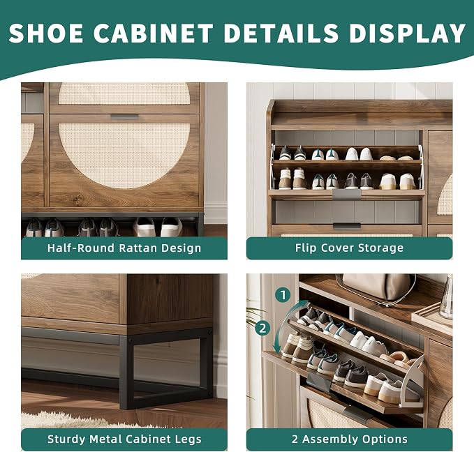 Flip Drawer Shoe Cabinet, Slim Narrow Entryway Storage Furniture with Hidden Flip-Open Organizer, Engineered Wood & Veneer Construction, Hallway Living Room Foyer, 4 Drawer, Oak