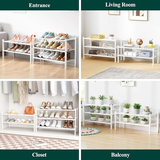 Smiry Bamboo Shoe Rack for Closet, 3 Tier Wooden Shoe Organizer, Stackable Wood Shoe Storage Shelf for Entryway, 14 Vertical Slats, One-piece Heavy-Duty Legs, 26.77"x11.02"x18.31", White