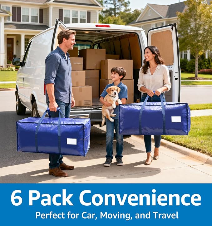 6 Pack Large Moving Bags Heavy Duty – Reusable Storage Bags with Zippers & Handles | Extra-Large Packing Bags for Moving Boxes, Clothes, Bedding, Holiday Décor & Home Storage