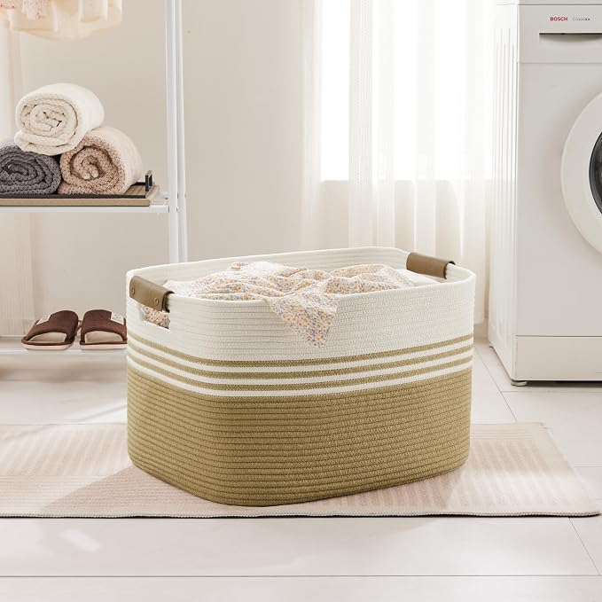 86L Large Woven Laundry Basket Hamper with Leather Handles,Khaki | 24"x16"x14", collapsible wicker hamper, storage for dirty clothes, toys, blankets, gifts, living room, bedroom, bathroom