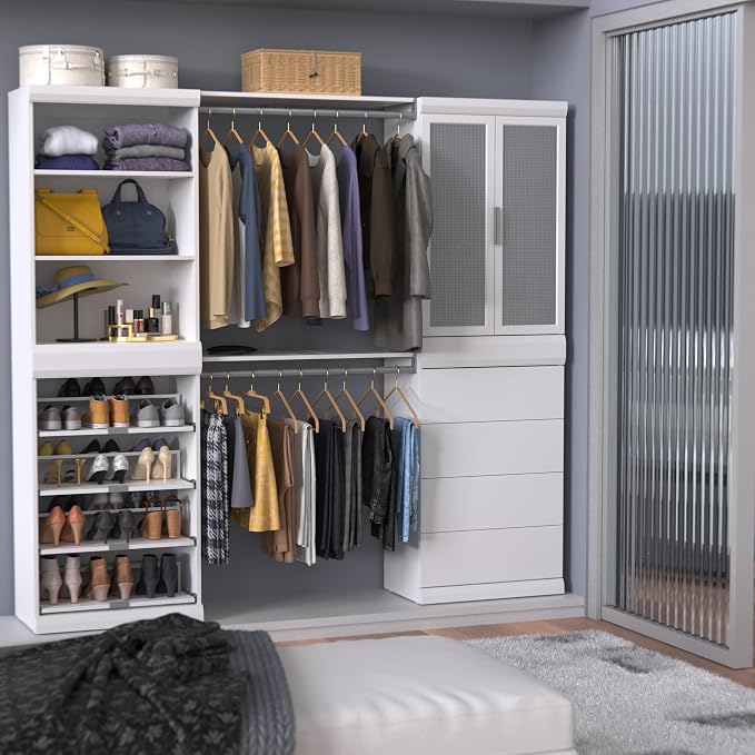 ClosetMaid Mosaics Storage Organizer Kit Includes; (1) Shelf & Door Unit, (1) 3-Shelf Unit, (1) Shoe Shelf Unit, (1) 4-Drawer Unit, and (2) Shelf & Rod Units, White