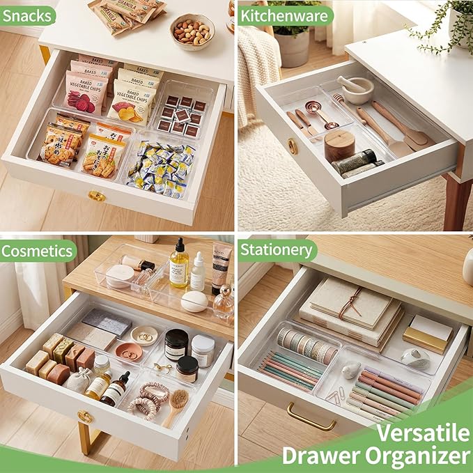 8 PCS Clear Plastic Drawer Organizer Tray, Acrylic Vanity Bathroom Drawer Organizers Trays, Desk Drawer Organizer Bins for Cosmetic, Makeup, Kitchen, Office, Junk Drawer Divider Organization
