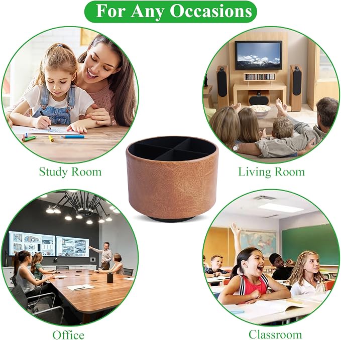 Round Leather Art Supply Organizer,Remote Control Holder,360 Degree Spinning,Multi-Functional Pencil Holder,4 Compartments Desktop Stationary Organizer(1-Crazy Brown)