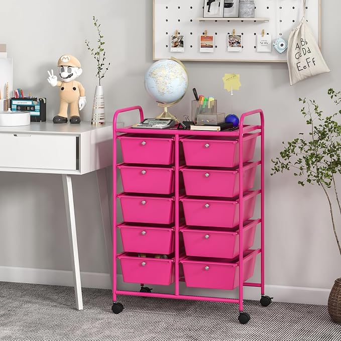 Giantex 10 Drawers Rolling Cart, Classroom Organizers, Storage Cart with Wheels, for Teacher Office Home School Supplies Tool Craft Art Paper, Hot Pink