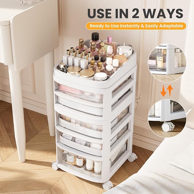 Rolling Cart with 5 Drawers, Clear Plastic Drawer Organizers, Dust Proof Under Desk Storage for Makeup, Skincare, Art Crafts and Baby Items, Acrylic Cosmetic Organizer with Dividers, Vanity Cart