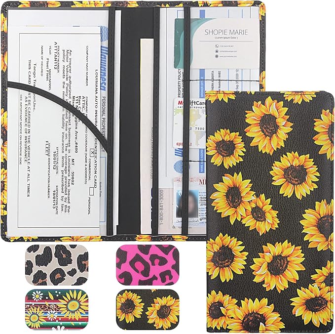 LumiMokki Premium Car Registration & Insurance Card Holder with Magnetic Shut, Vehicle Glove Box Car Organizer - For Documents, Cards, License (Sunflower B)