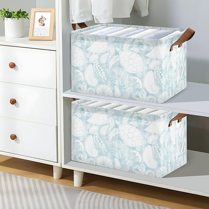 Light Blue Marine Life Turtle Coastal Storage Basket Foldable Cube Storage Bins with Handles&Label Collapsible Organizer Box Bin Large Rectangle Decor Baskets for Shelves Home Living Room Closet, 2 PC