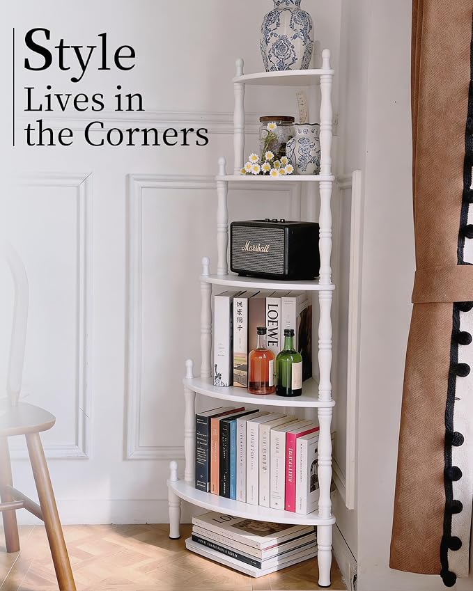 White Corner Shelf, 5-Tier Corner Bookshelf, 60" Tall | 100% Solid Wood Ladder Shelf, Small Vintage Freestanding Bookshelf Plant Stand for Living Room, Home Office, Bedroom