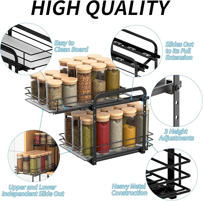 BOIVSHI Spice Rack, Pull Out Spice Racks Organizer for Cabinet, Height Adjustable Heavy Duty Metal Basket for Inside Cabinets & Pantry Closet (2 Tier,7.5''Wx10.5''Dx9.5''H)