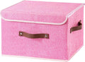 Collapsible Storage Boxes Baskets with Lid Cotton Linen Fabric Storage Bins with Faux Leather Handles Decorative Washable Cube Organizer Container for Home Closet Bedroom (Pink, Large Size)