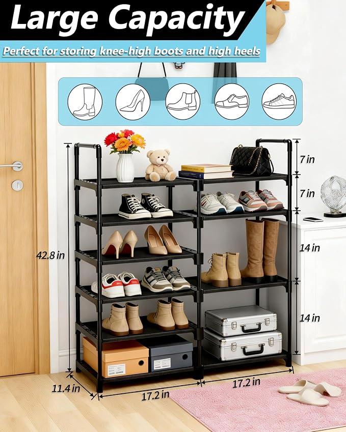 6-Tier Shoe Rack Large Capacity,Durable Shoe Organizer Storage for 20-26 Pairs of Shoes and Boots,Heavy Duty Free Standing Shoe Stand for Closet,Entryway and Garage (Black)