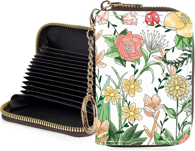 Credit Card Holder for Women,Small Rfid Wallet with Keychain Zipper,Cute PU Leather Card Case Wallet，Accordion Credit Card Wallets Gift,Yellow-Pink Floral Print C