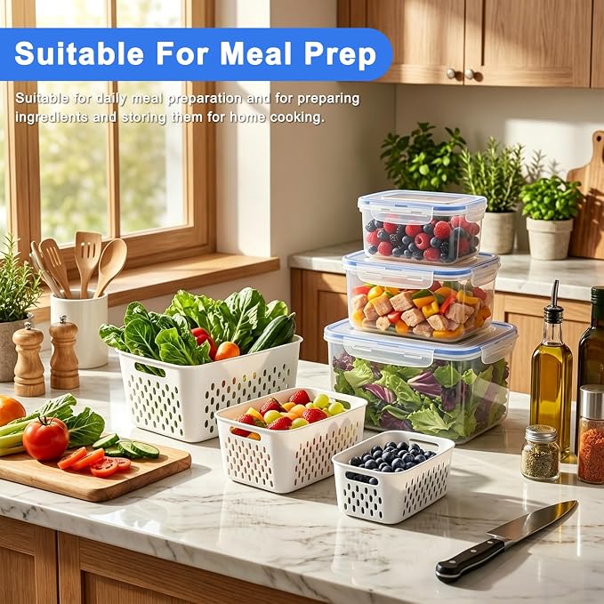 3 Pack Fruit Storage Containers for Fridge with Removable Colander,Airtight Produce Storage Containers with Lids Label Sheets, BPA-Free Berry Keeper for Fruit, Salad, Berry, Fresh(29oz+59oz+112oz)