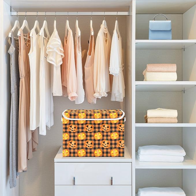 CaTaKu Large Fabric Storage Bins With Lids, Halloween Pumpkin Plaid Storage Boxes With Handles for Organizing Clothes, Collapsible Storage Cube Bins Baskets for Shelves