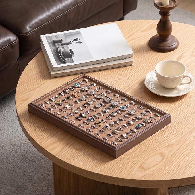 Wood Jewelry Organizer Tray, Rings Holder (Brown, 2Pc, Glass Lid) | Glass Top Rings Display, Dust-Proof Rings Organizer, Rings Tray Display, Elegant Jewelry Storage