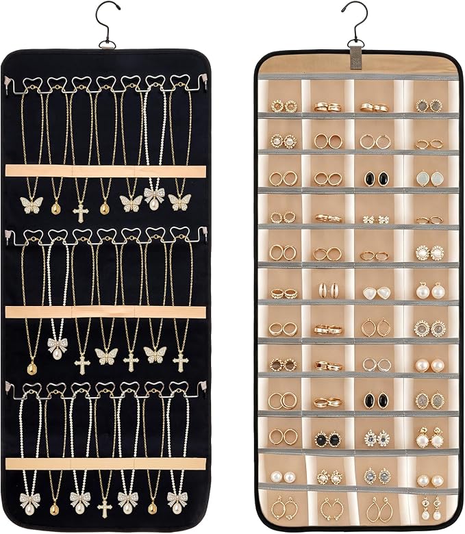 Double-Sided Hanging Jewelry Organizer 48 Pockets 21 Hooks Large Black Storage Bag Jewelry Organizer with Hanger for Closet Wall Door Tangle-Free Holder for Earrings Necklaces Rings Bracelets