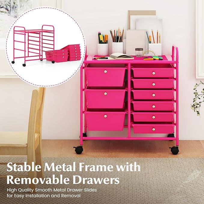 RELAX4LIFE 9 Drawer Rolling Storage Cart - Mobile Drawer Carts for Craft Art Supply Paper Salon, Utility Cart on Wheels for Classroom Teacher School Office, Rolling Cart with Drawers (Hot Pink)