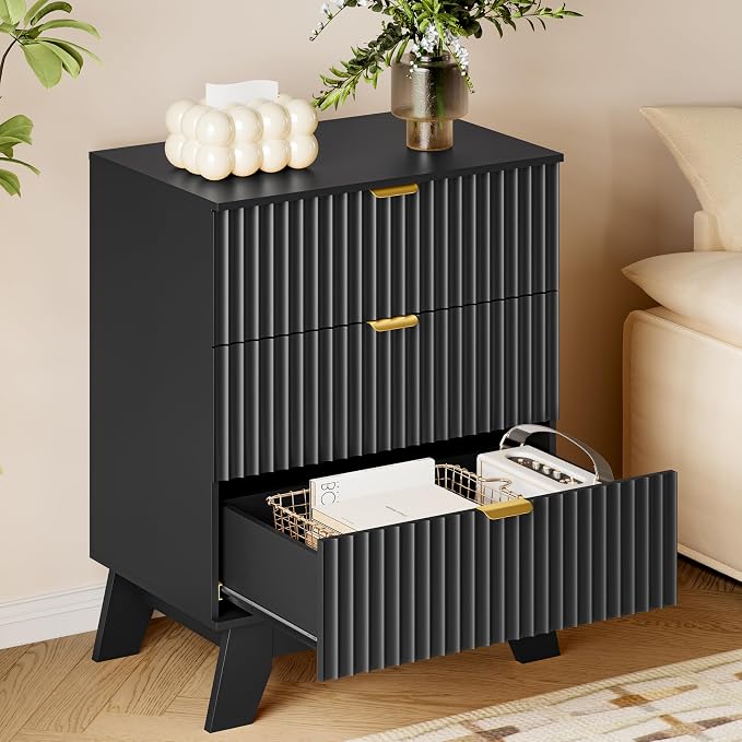 BORNOON Fluted 3 Drawer Dresser, 30.3" Tall Compact Modern Boho Chest of Drawers, Wooden Storage Cabinet for Bedroom, Living Room, Entryway, Curved Profile Design