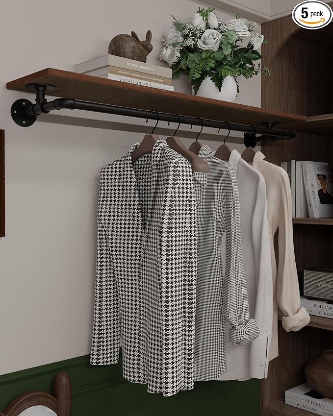 Clothes Rack 48in, Wall Mounted Garment Rack with Real Wood Shelf, Heavy Duty Hanging Clothes Rack, Multi-Purpose Hanging Rod, Space-Saving Closet Storage