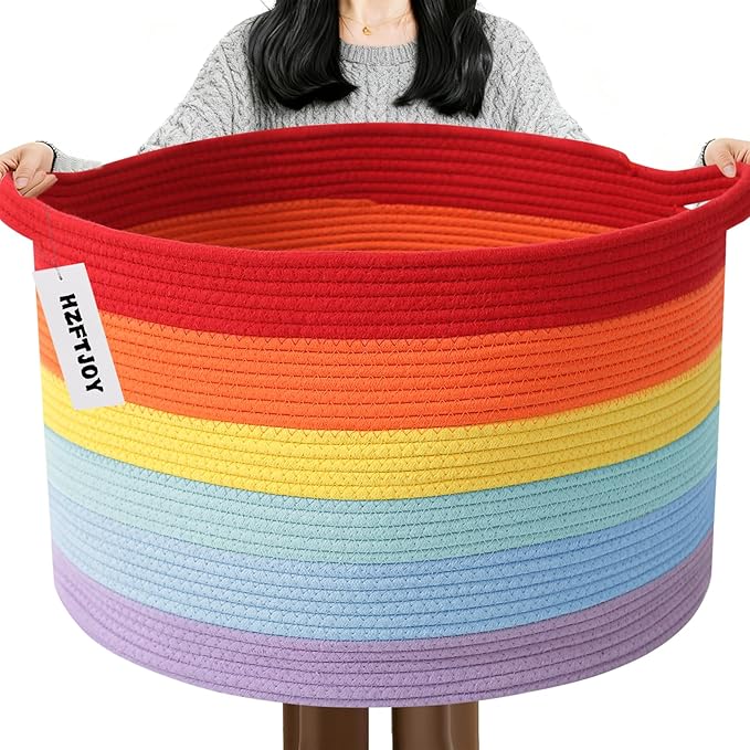 115L Large Blanket Basket,23.6" L x 23.6" W x 15.7" H Rope Woven Baskets with Handles, Toys Storage Bins,Laundry Basket Perfect for Living Room, Nursery,Bedroom,Home Organization,Rainbow