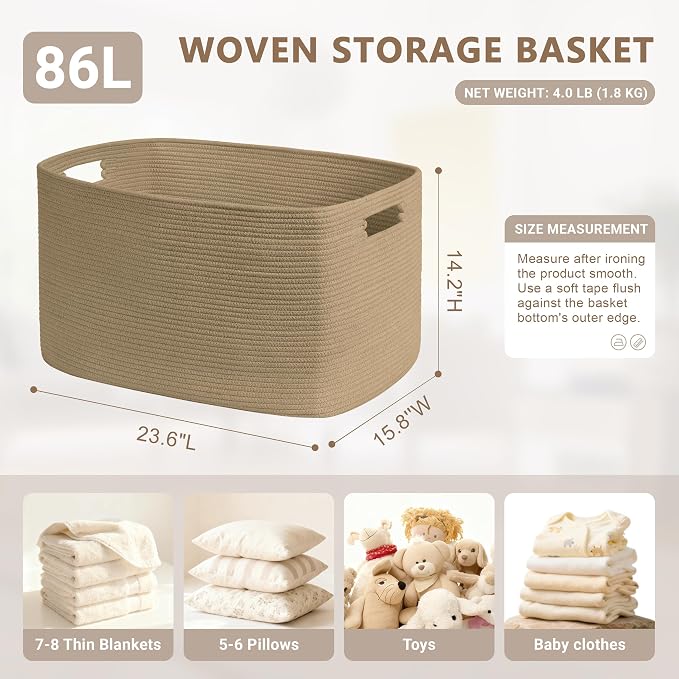 86L Large Woven Laundry Basket Hamper with Handles, Jute | 24"x16"x14", collapsible wicker hamper, storage for dirty clothes, toys, blankets, gifts, living room, bedroom, bathroom
