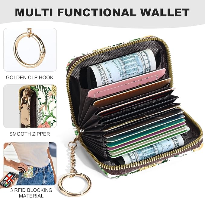 Credit Card Holder for Women,Small Rfid Wallet with Keychain Zipper,Cute PU Leather Card Case Wallet，Accordion Credit Card Wallets Gift,Yellow-Pink Floral Print C