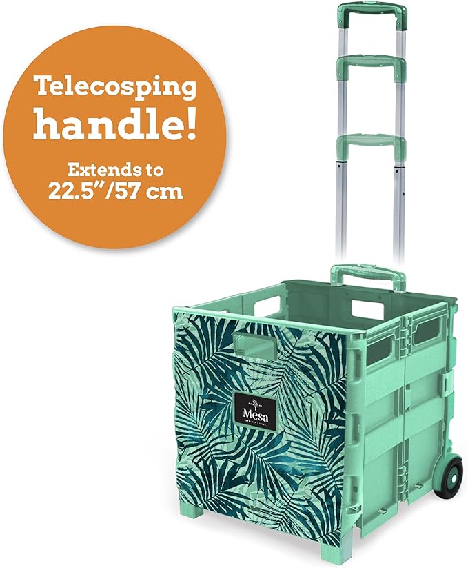 Inspired Living Ultra-Slim Rolling Collapsible Storage Pack-N-Roll Utility-carts, with Telescopic Handle, for Home, Garden, Shopping, Office, School use, Large, Motif Print