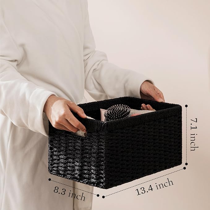 UBBCARE 3 Pack Wicker Basket, 13.4L×8.3H×7.1W inch Woven Paper Rope Storage Baskets for Shelves, Foldable Rectangular Storage Baskets with Handle, Storage Basket for Organizing, Black